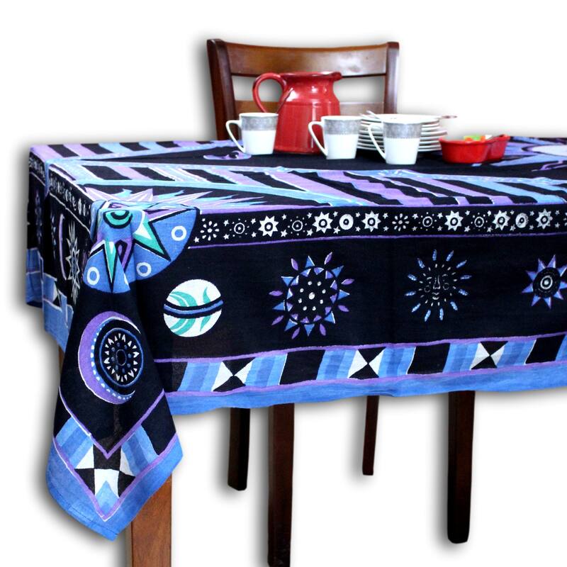 Cotton Celestial Sun Moon Star Rectangle Tablecloth Collection - 88 x 104 in - Purple Blue