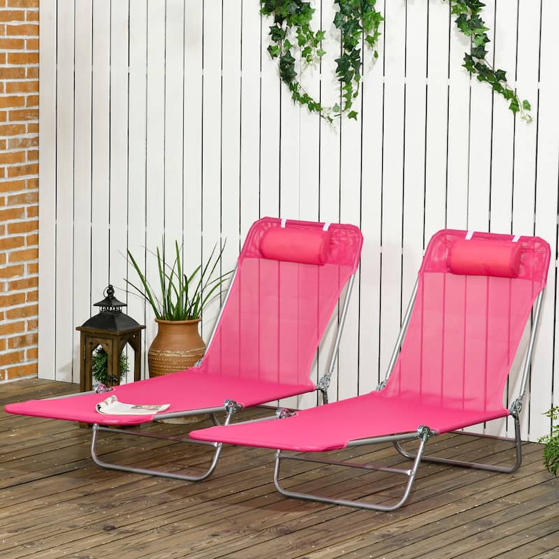Outsunny Folding Chaise Lounge Pool Chairs, Set of 2 Outdoor Sun Tanning Chairs with Pillow, Six-Position Reclining Back - Pink