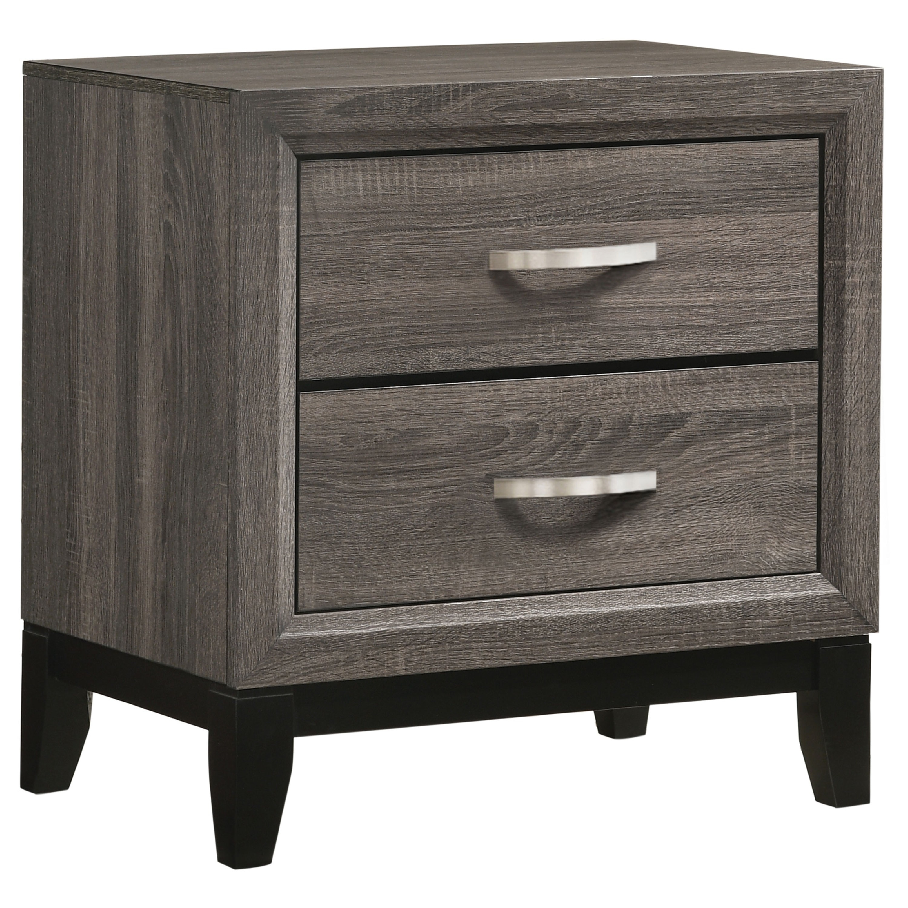 Wooden Nightstand with 2 Drawers and Chamfered legs, Gray and Black