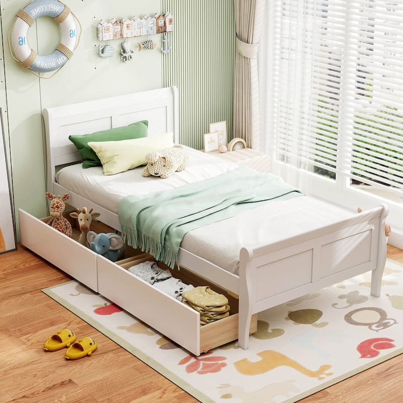 Costway Twin Size Bed Frame with 2 Storage Drawers Wood Platform Bed - White
