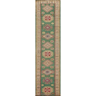 Green Kazak Runner Rug Hand-Knotted Geometric Wool Carpet - 2'7" x 16'2"