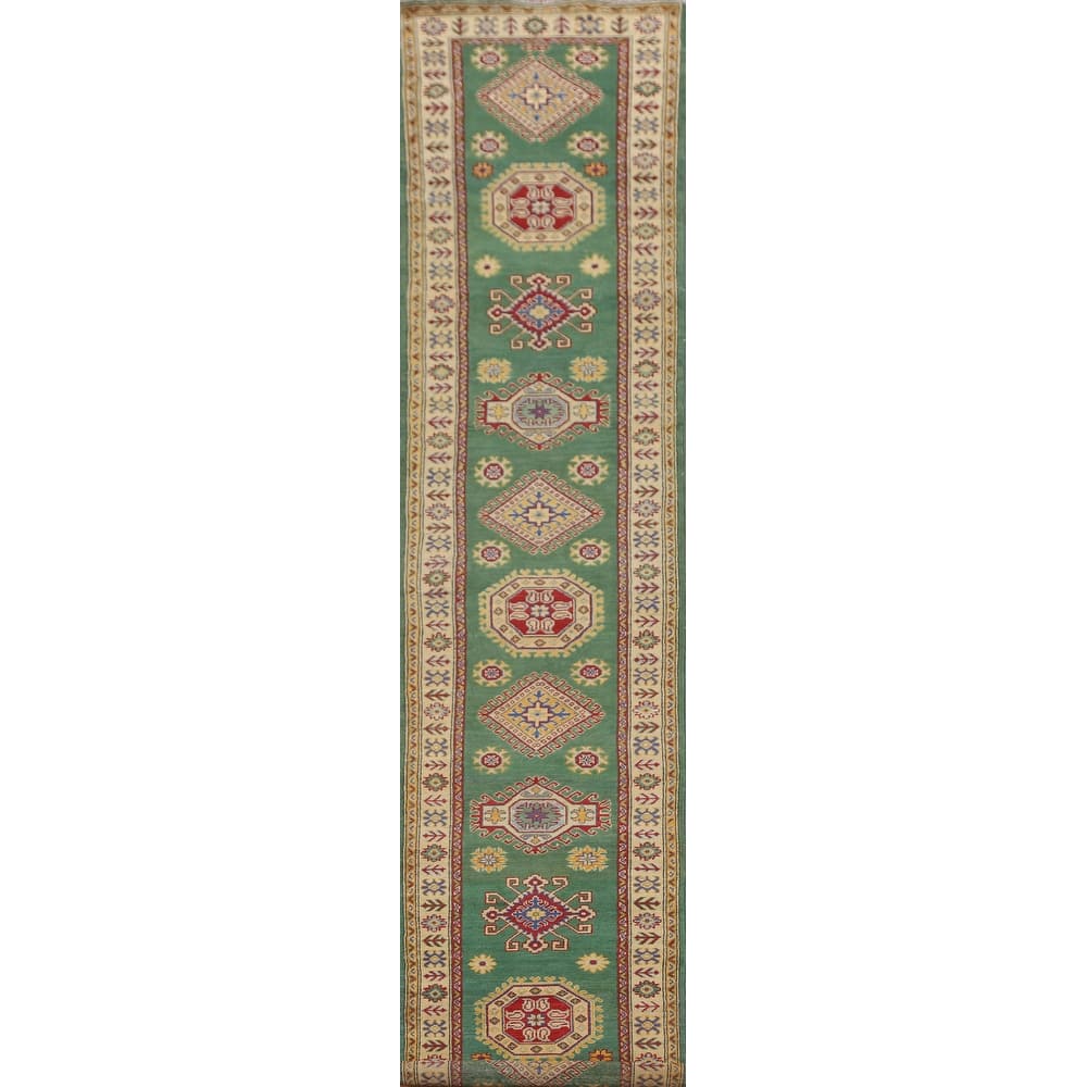 Green Kazak Runner Rug Hand-Knotted Geometric Wool Carpet - 2'7" x 16'2"