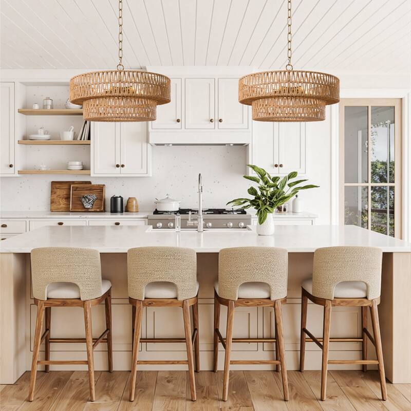 21.65" Rattan Drum Chandelier 2-Tier Boho Hand Woven Pendant Light - Large