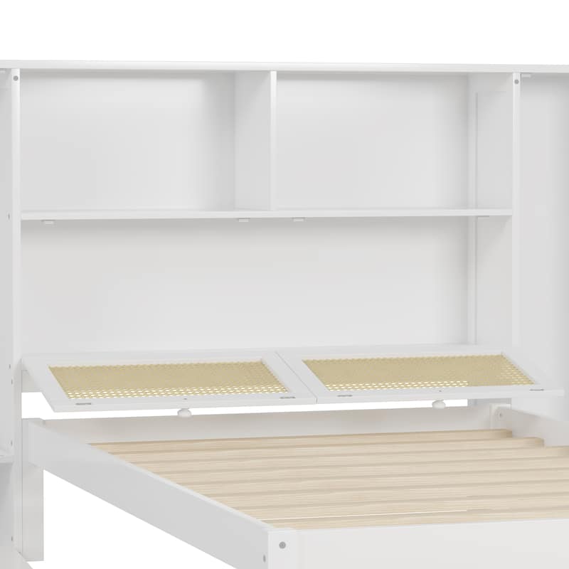 Twin Size Wooden Bed w/ 2 Storage Lockers, Drawer & Storage Shelf on Headboard, Multifunctional Platform Bed, Walnut