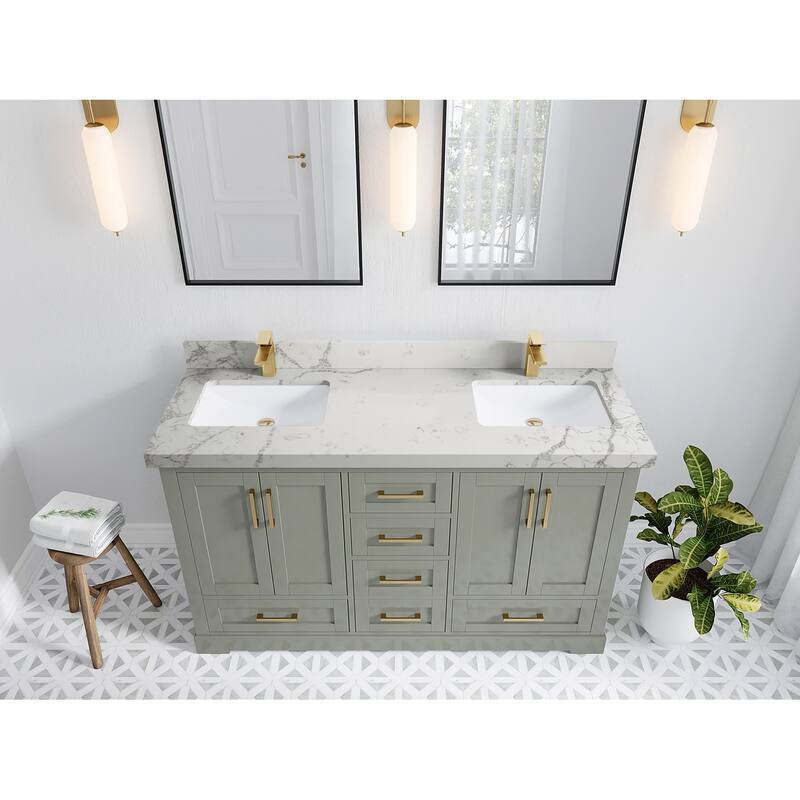 Willow Collection 60 in W x 22 in D x 36 in H Boston Double Bowl Sink Bathroom Vanity with Countertop - 2"Venatino Quartz - Evergreen
