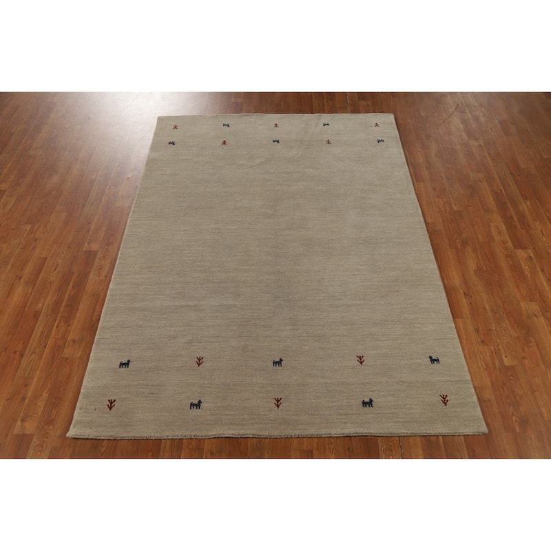 Hand Knotted Oriental 100% Wool Carpet Tribal Animal Pictorial Beige & Ivories Gabbeh Area Rug - 7' 7'' X 5' 4''