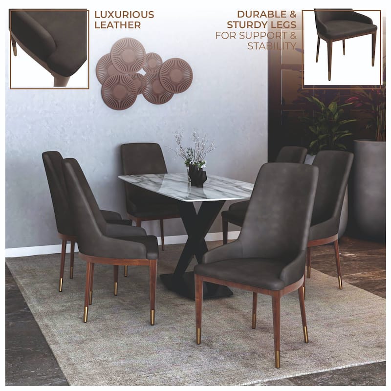 Dining Chair Upholstered in Leather with Rubberwood Frame Set of 2 Side Chair High Back and Gold Accent Legs