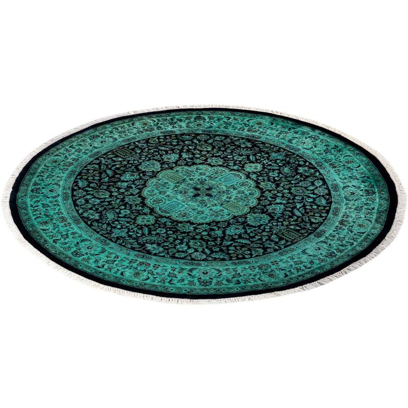 Overton Hand Knotted Wool Vintage Inspired Modern Contemporary Overdyed Green Round Area Rug - 4' 7" x 4' 7"