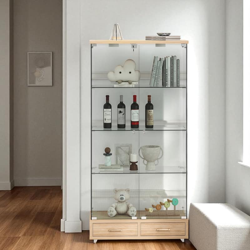 65.9" Modern Glass Display Cabinet with LED Lights, 2 Lockable Drawers & 4 Shelves, Curio Storage Case - Natural