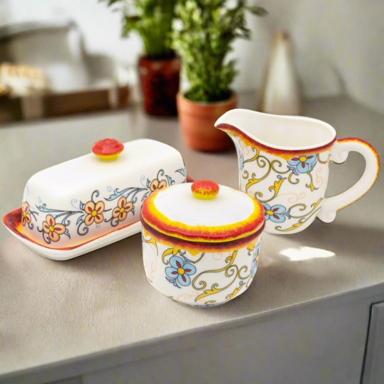 Euro Ceramica Duomo 3 Piece Breakfast Accessory Set - Sugar & Creamer & Butter Dish