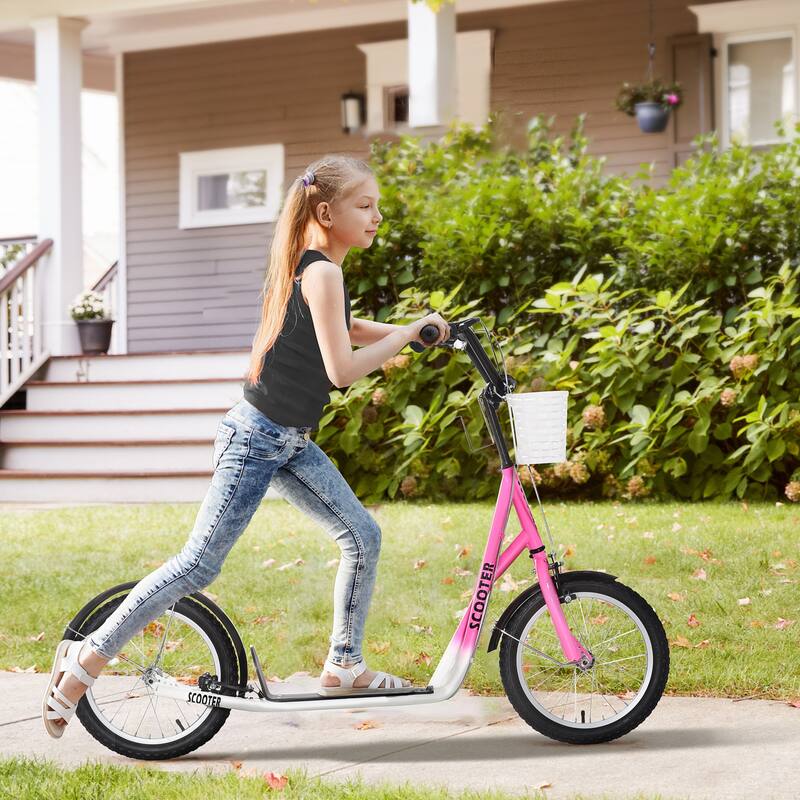 Adjustable Kick Scooter with Inflatable Tires, Dual Brakes, Basket, and Kickstand - Perfect for Kids and Teens