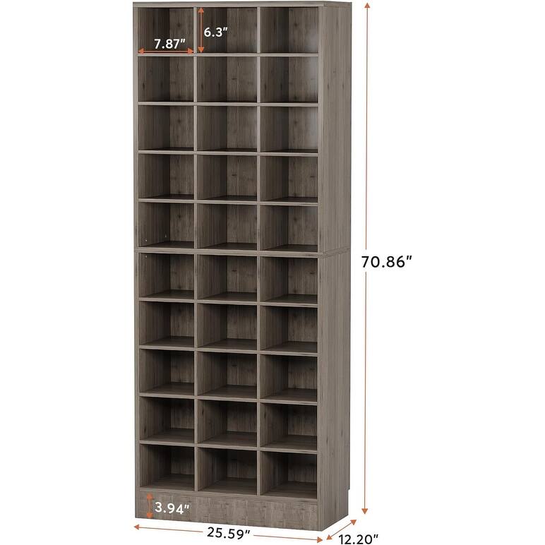 25" 10-Tier Grey Wooden Shoe Storage Cabinet, Modern 30-Cubby