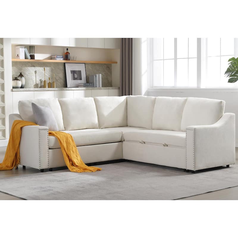 L-shaped Sleeper Sofa Bed in Beige Polyester, Multifunctional for Living Room & Office