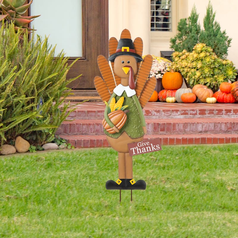 Glitzhome Fall Thanksgiving Metal Turkey Pumpkins Yard Stake