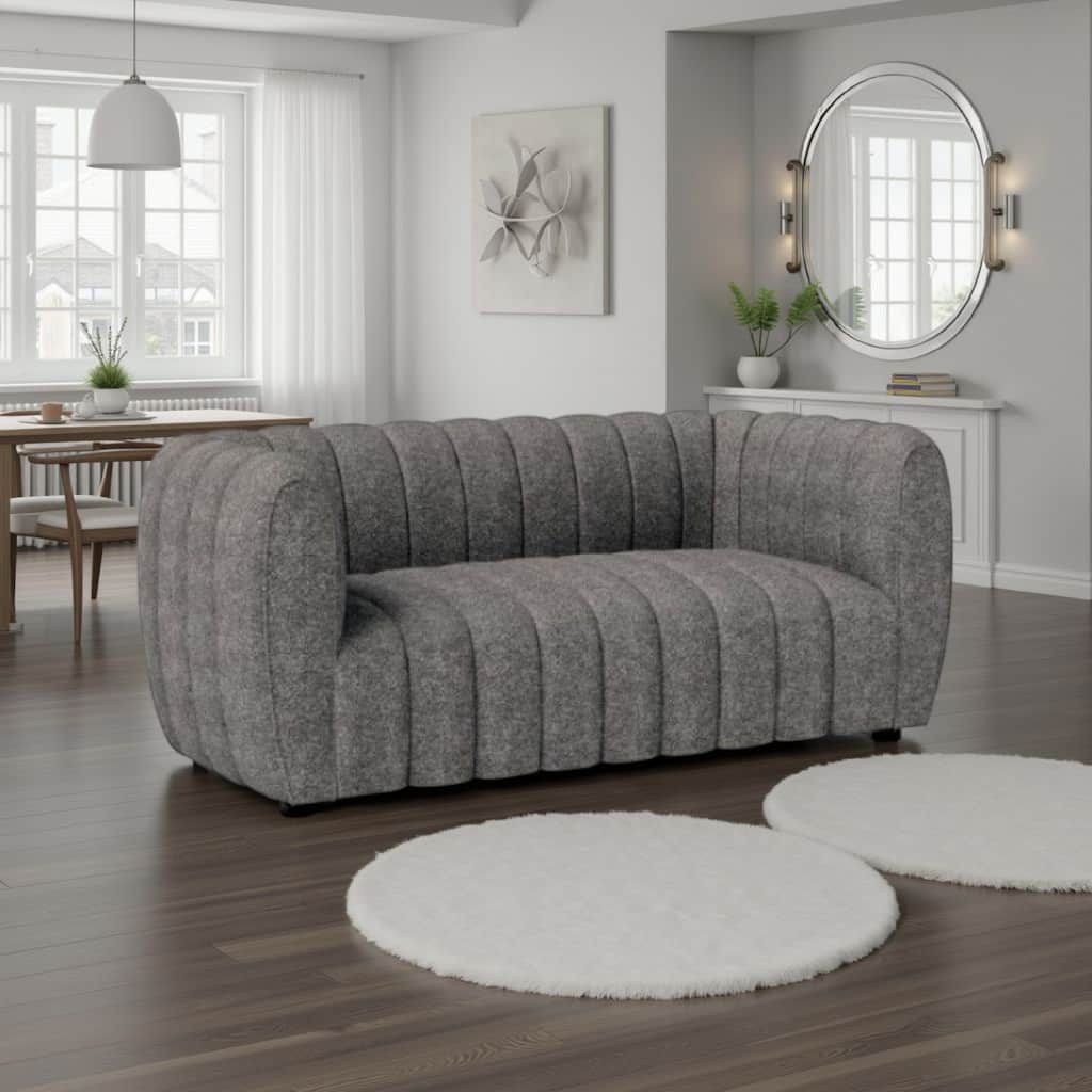 Hery Loveseat, 65 Inch, Gray Boucle, Vertical Channel Tufted Details