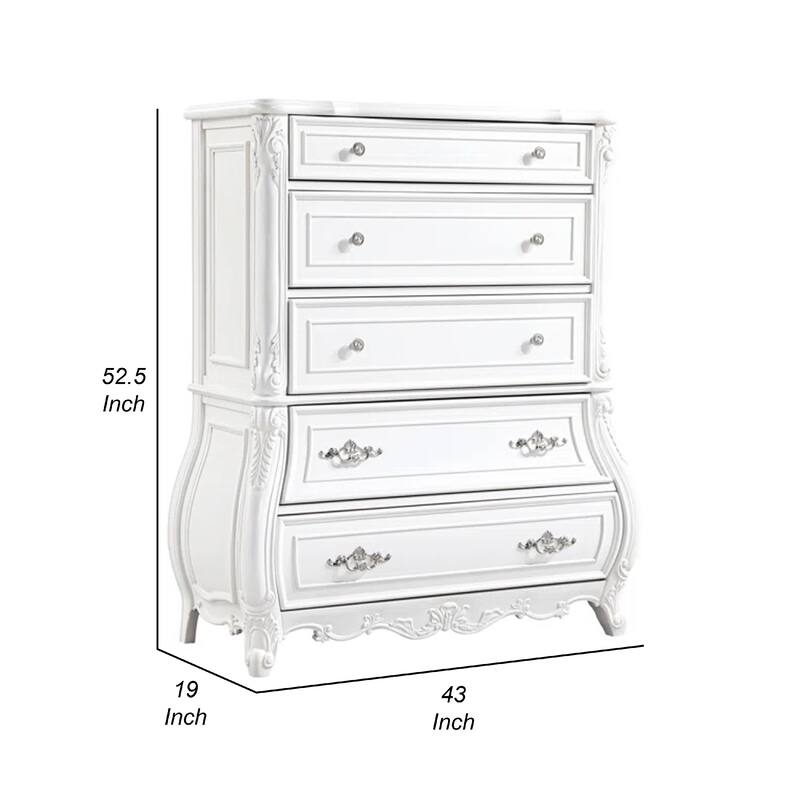 Valena Tall Dresser Chest, 5 Drawers, White Solid Wood, Metal Handles