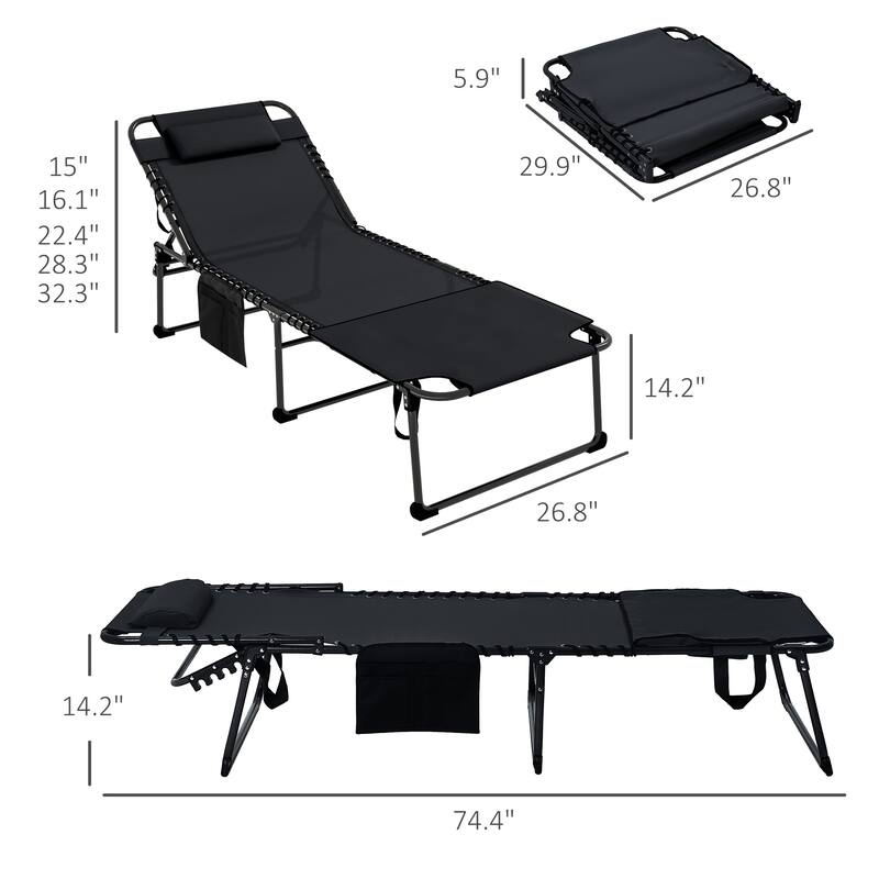 Foldable Outdoor Mesh Chaise Lounger Chair with 5-Position Backrest, Headrest and Side Pocket for Beach Patio Poolside
