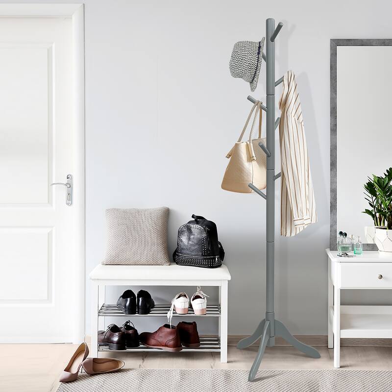 Wooden Coat Rack Stand Hall Tree 2 Adjustable Height w/ 8 Hooks