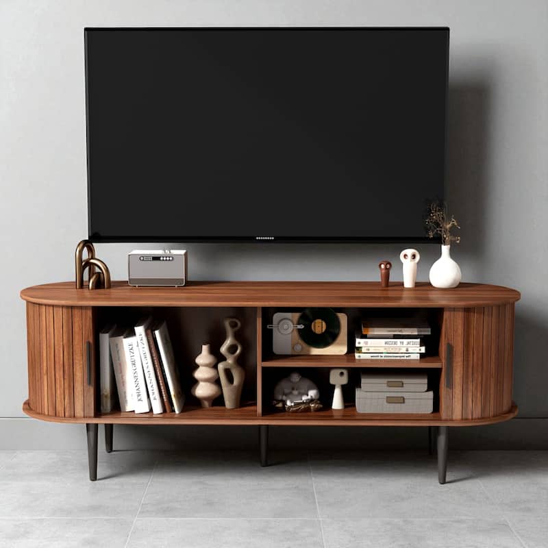 Walnut TV Stand 55"/47" with Sliding Door, Mid-Century Modern Entertainment Console Cabinet with Storage