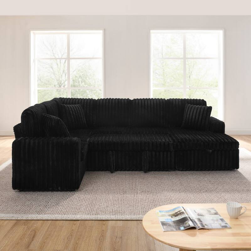 114” Modern Corduroy Striped U-shaped Combination Sofa with Pull-out Bed and Storage Chaise