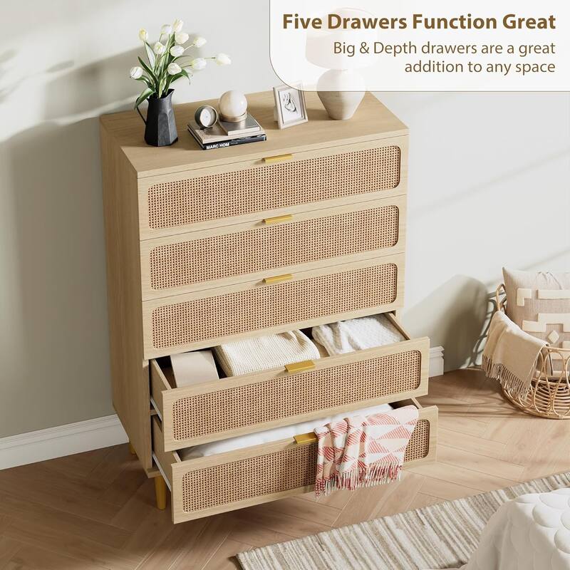 Rattan 5 Drawer Tall Dresser for Bedroom, Large Chest with Deep Drawers and Wide Top for Closet or Hallway