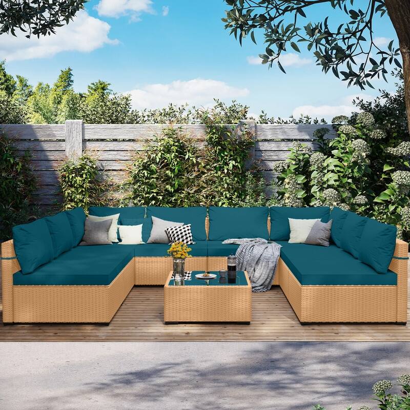 Patio Watcher Patio Conversation Set 9-Piece Yellow Wicker Sectional Seating Group with Cusions