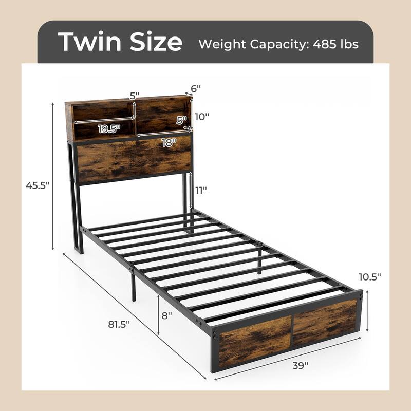 Metal Platform Bed Frame with Headboard Storage and USB Charging Ports