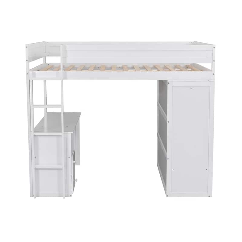 Merax Wood Loft Bed with Wardrobes and 2-Drawer Desk with Cabinet