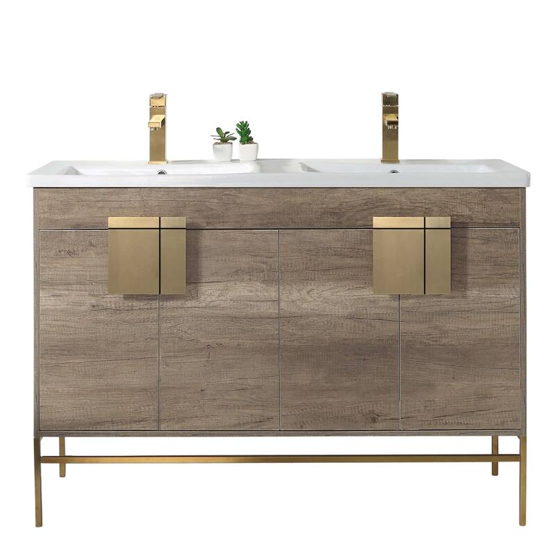 Modern Bathroom Vanity Set, Vitreous China Double Sink Top 48" - Gray/Satin Brass