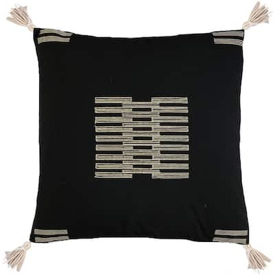 Jiti Outdoor Waterproof Minimal Modern Embroidered Patterned Sunbrella Throw Pillows with Handmade Faux Leather Tassels