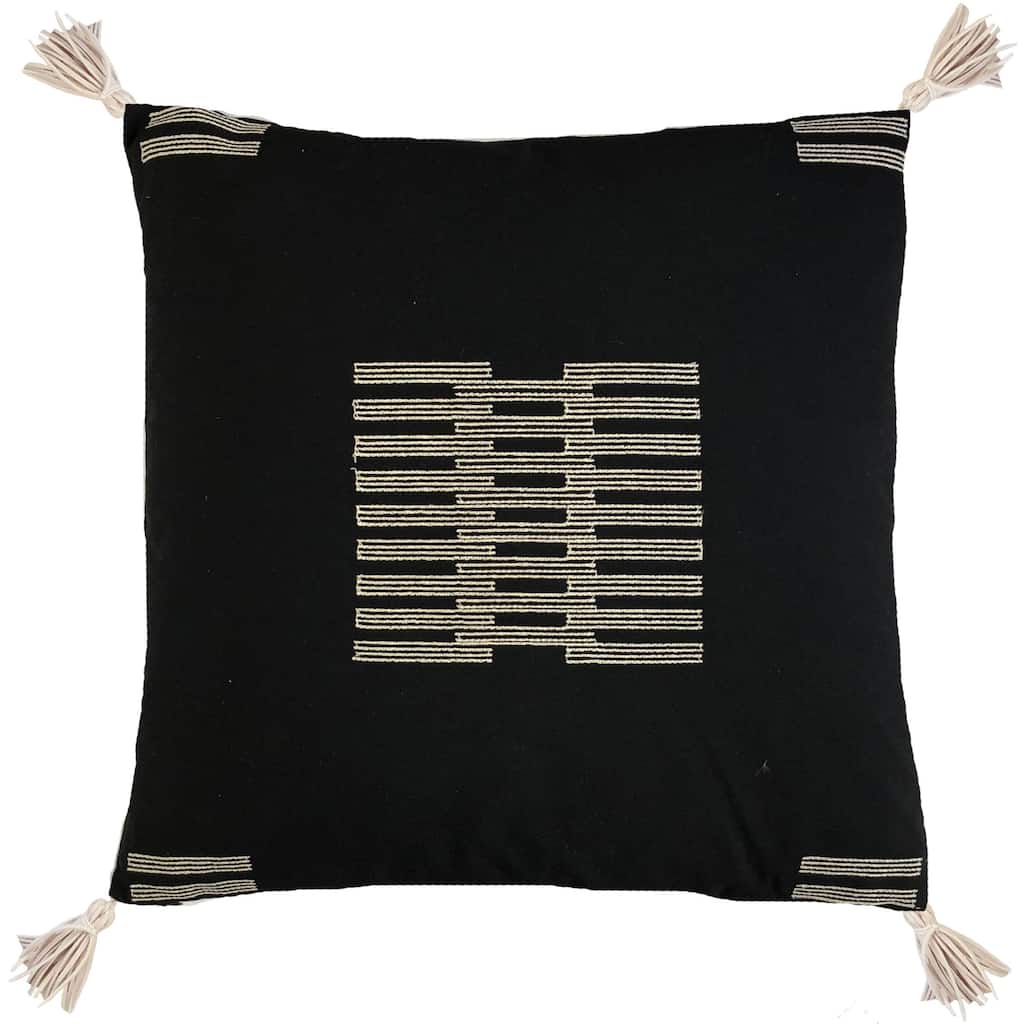 Jiti Outdoor Waterproof Minimal Modern Embroidered Patterned Sunbrella Throw Pillows with Handmade Faux Leather Tassels