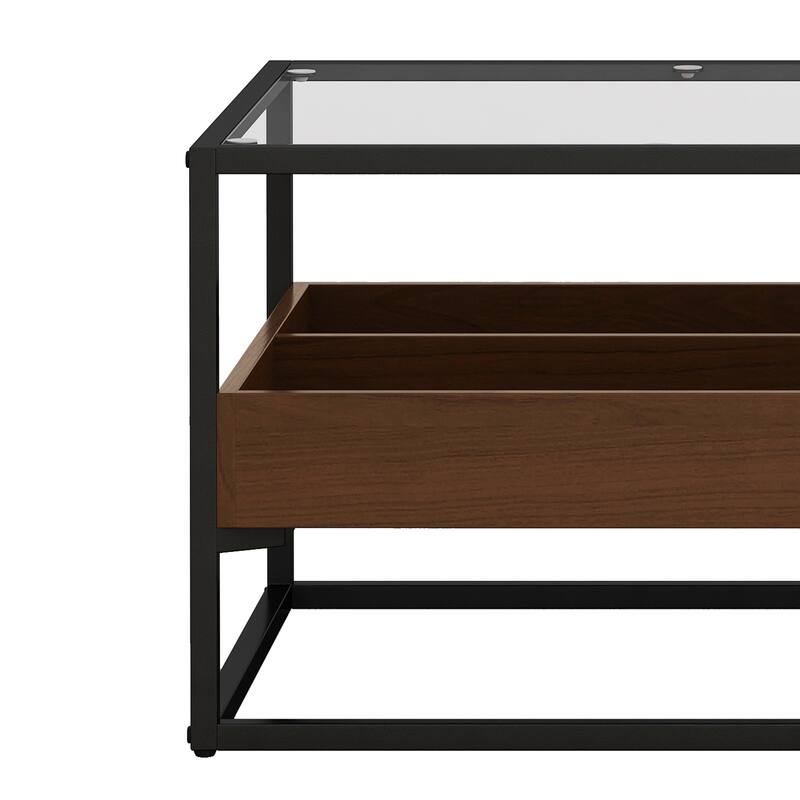 Glass Coffee Table with storage shelf and metal table legs