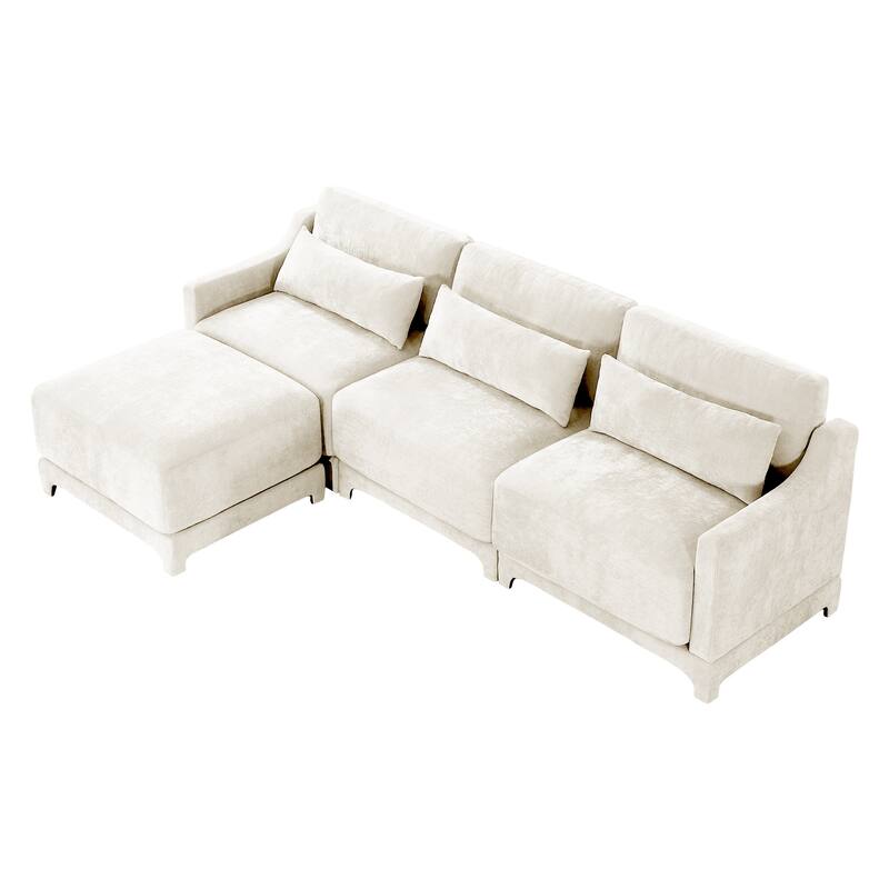 105.9" Chenille 3-Seater Sofa with 2 Movable Ottomans, High-Resilience Sponge and Solid Wood Base