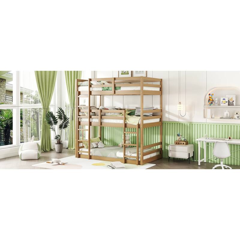 Roomfitters Triple Rubber Wood Bunk Bed, Detachable Twin over Twin over Twin with Ladders and Guardrails