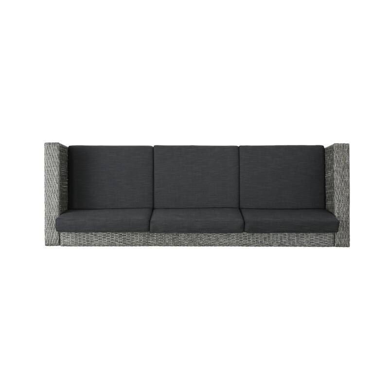 Roomfitters Outdoor Sofa with All-Weather Wicker, Removable Cushions, 3-Seater Patio Couch, Black+Grey