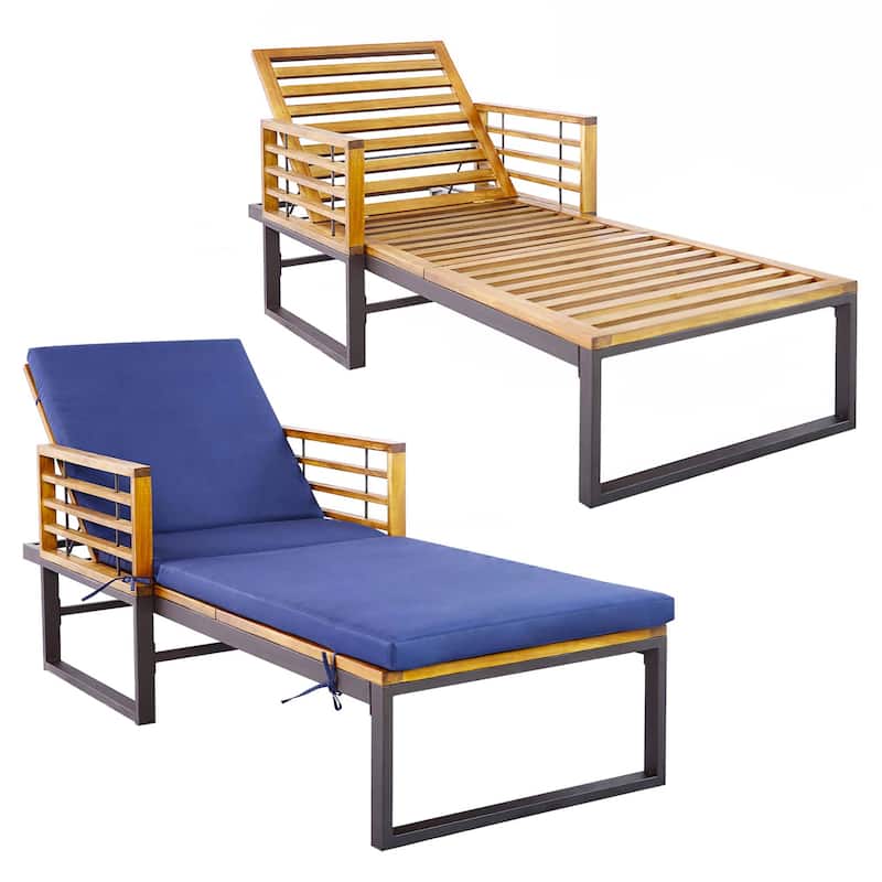 1/2 PCS Acacia Wood Chaise Lounge Patio Recliner w/Adjustable Backrest - 2 PCS