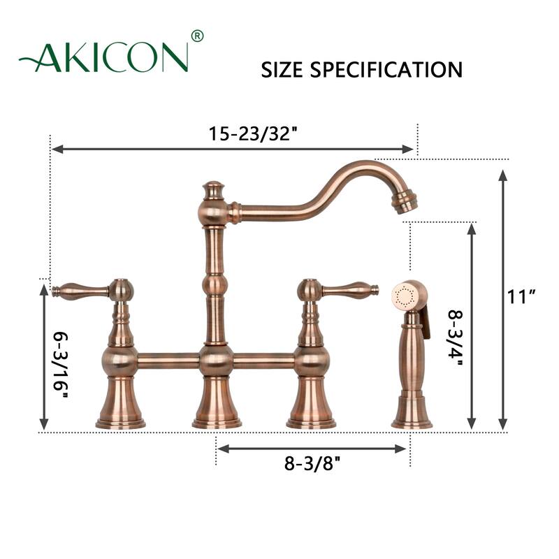 Two-Handles Bridge Kitchen Faucet with Side Sprayer 8-3/8 Inch High Arc