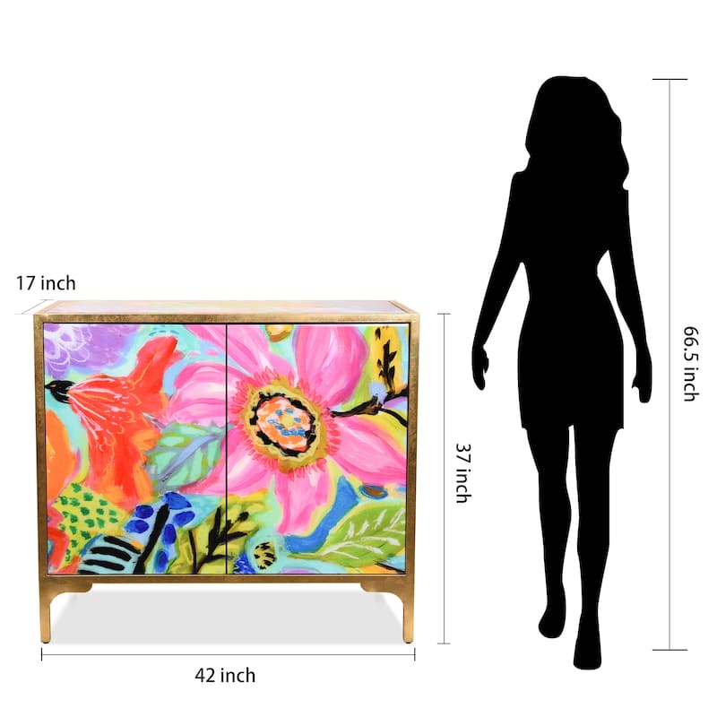"Secret Garden Floral" Cabinet Console Table on Beveled Reverse Printed Art Glass with Iron Gold Leafed Frame