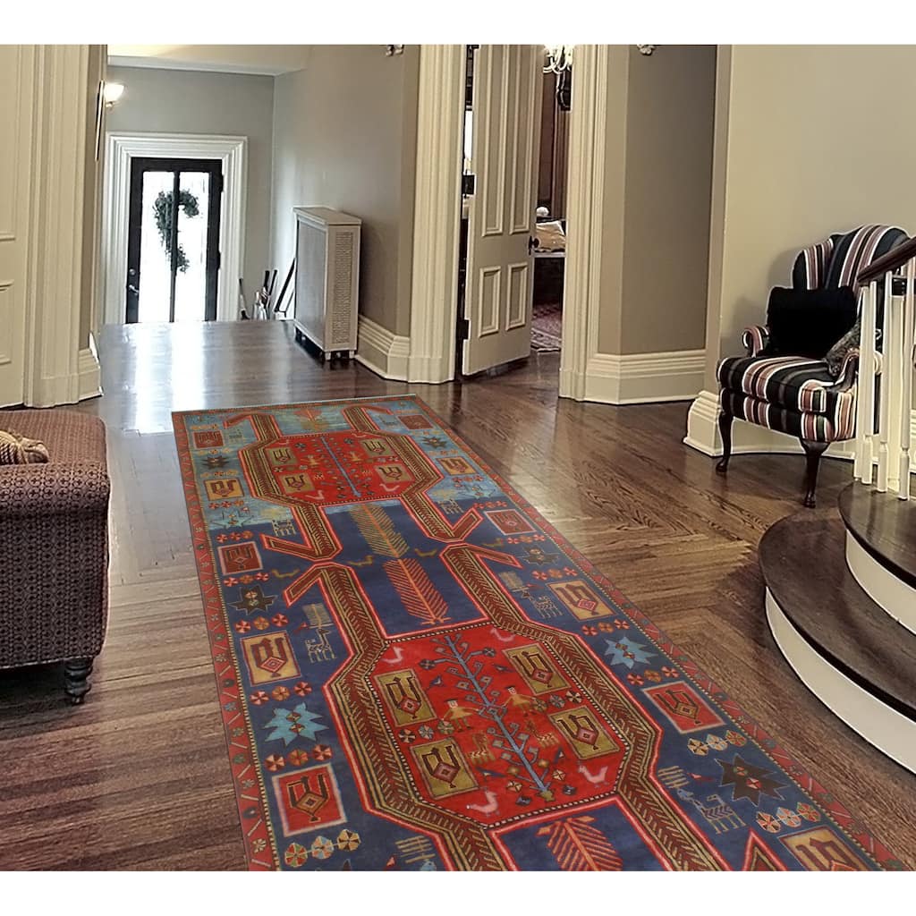 Fine Vintage Distressed Achilles Navy/Red Runner - 3'8" x 9'9"