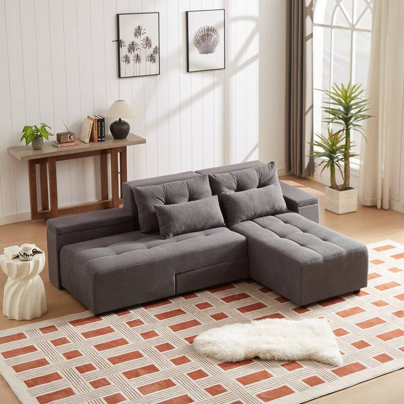 94'' Corduroy 3-in-1 Convertible 3 Seater Sleeper Sectional Sofa with 4 Storage Compartments and 4 Pillows