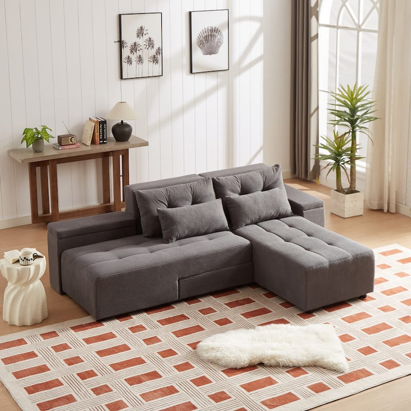 Convertible 3 in 1 Sleeper Sofa and Sectional Sofa with 4 Storage Space for Living Room,Corduroy Couch With 4 pillows,Corduroy