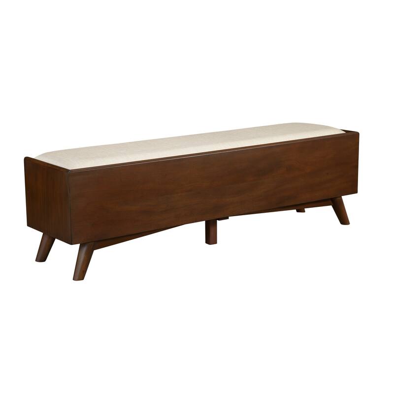 Ian 59 Inch 2 Drawer Accent Bench, Beige Seat, Mahogany Wood, Walnut Brown