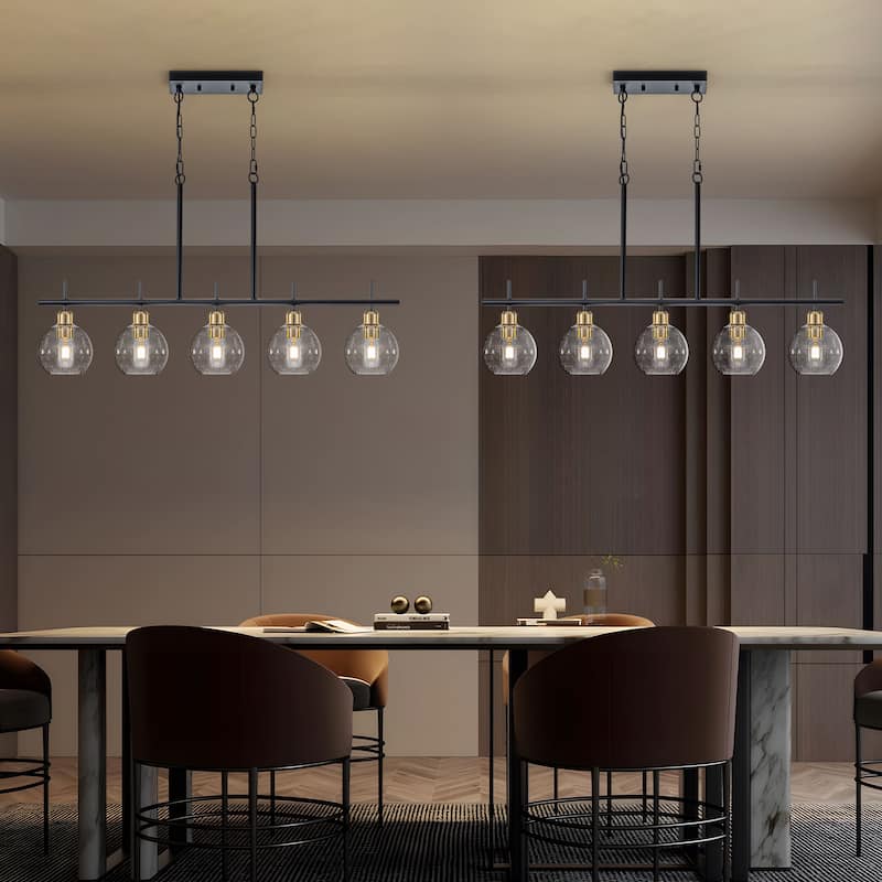 Starsky 5-Light Modern Linear Kitchen Island Pendant with Seeded Glass Globes, Adjustable Height, Black or Gold