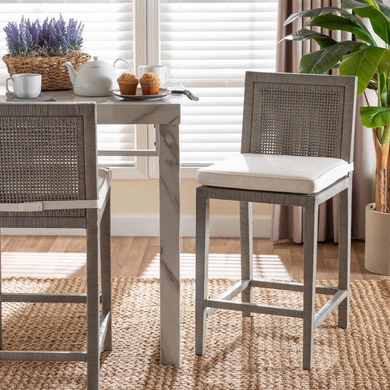 Sofia Rattan Counter Stool with Mahogany Wood - Handwoven Wicker Counter Height, Coastal Kitchen Island Seating, French Grey
