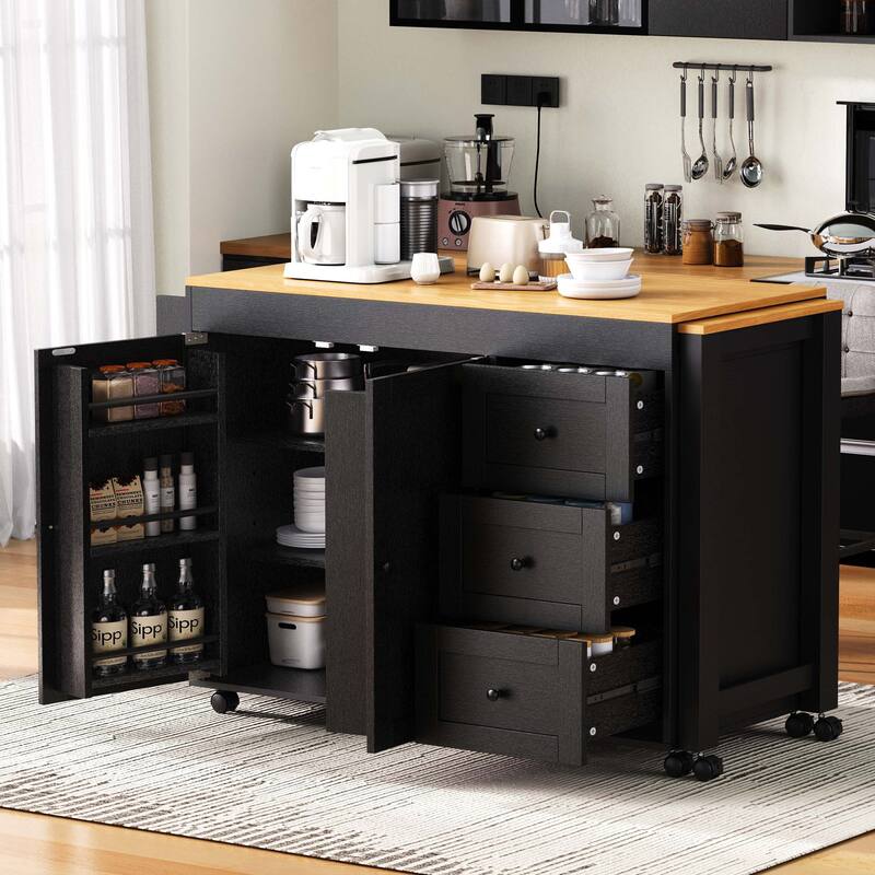 Modern Kitchen Island with Extendable Dining Table, 3 Drawers, 2-Door Cabinet, Power Sockets and Spice Rack, for Kitchen