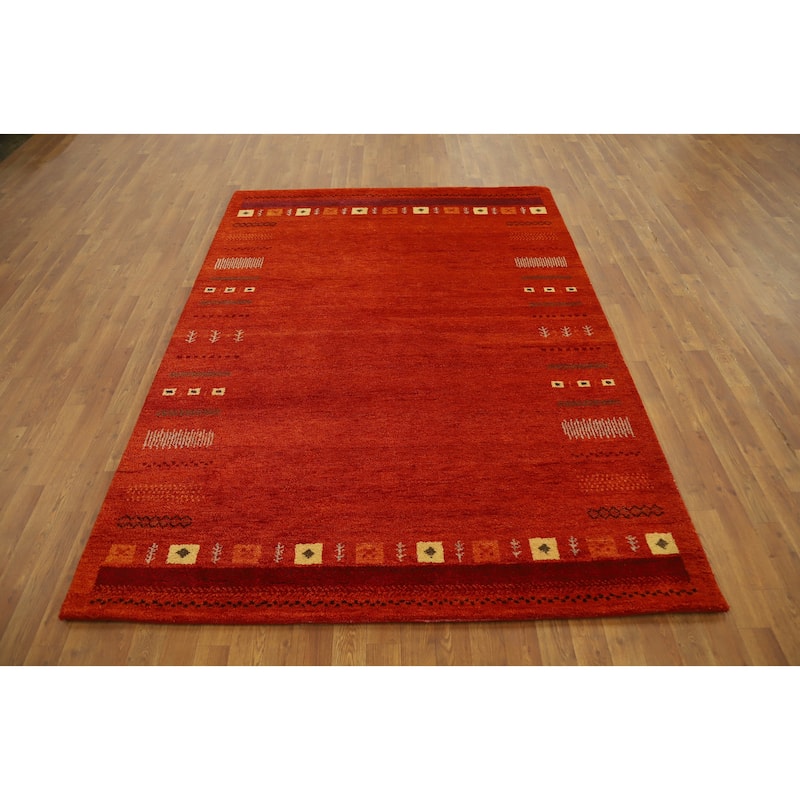 Hand Knotted Oriental 100% Wool Carpet Modern Geometric Oranges & Rust Gabbeh Area Rug - 7' 10'' X 5' 7''