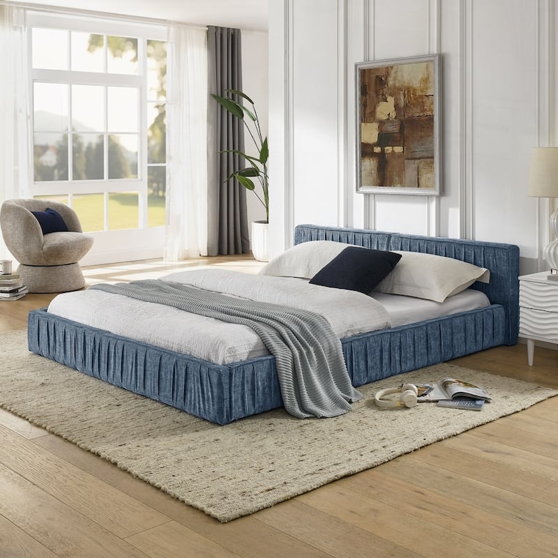 Upholstered Bed Frame with Chenille fabric with pleated design