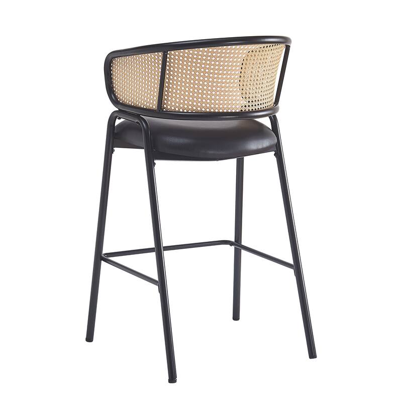 Faux Leather Upholstered Bar Stools Set of 2, Counter Stools with Wowen Rattan Backrest, Breakfast Bar Chairs with Footstool
