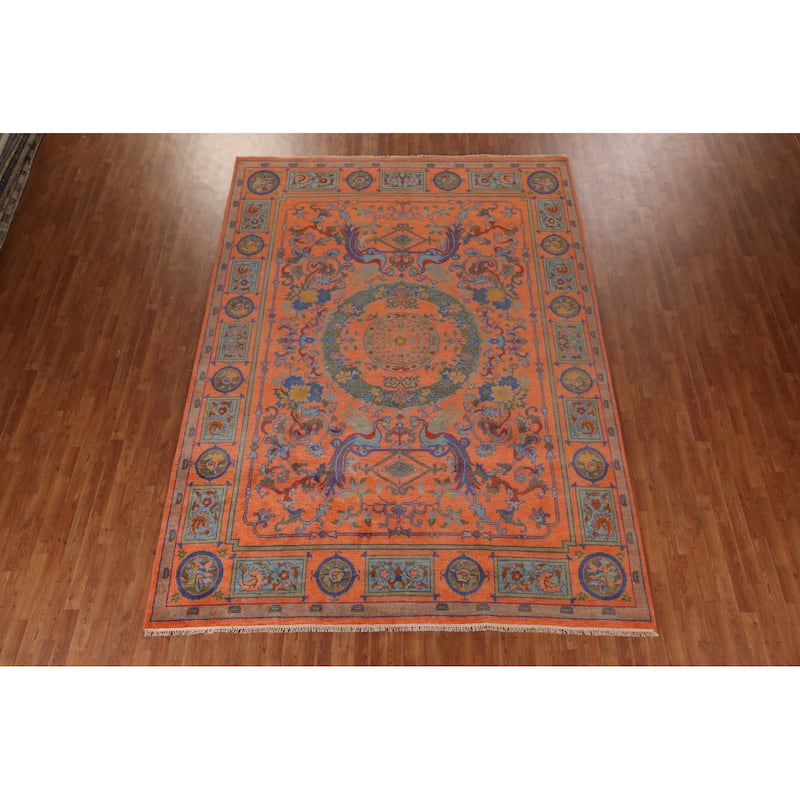Orange Geometric Khotan Oriental Area Rug Hand-Knotted Wool Carpet - 8'10"x 11'10"