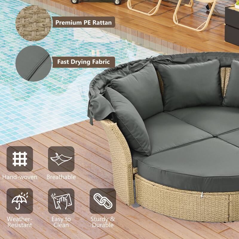 Outdoor Patio Daybed, Wicker Rattan Sofa Furniture Set w/ Retractable Canopy, for Lawn, Garden, Backyard or Pool